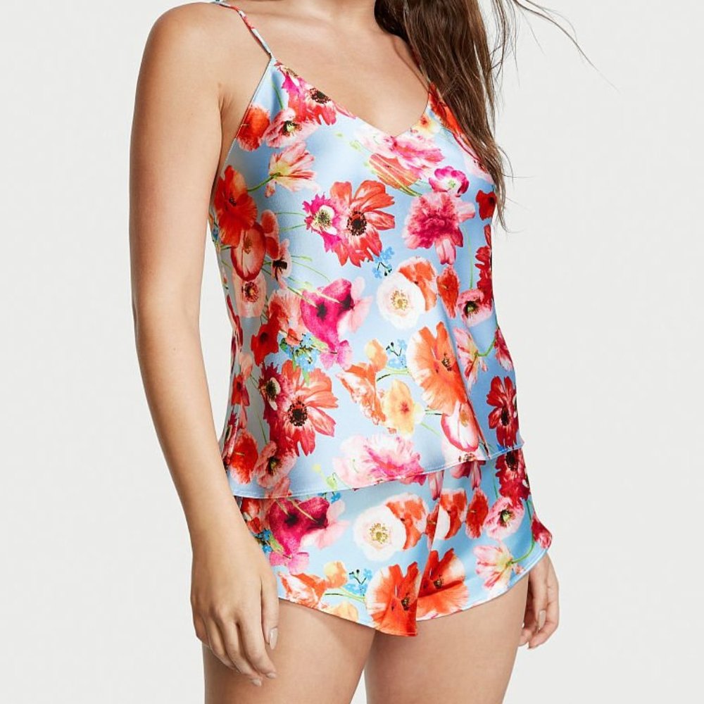 VS Draped Back Satin Cami Set Happy Poppy Floral Cool for Summer NWT